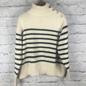 Zara Cream and Navy Striped Button-Shoulder Turtleneck Sweater
